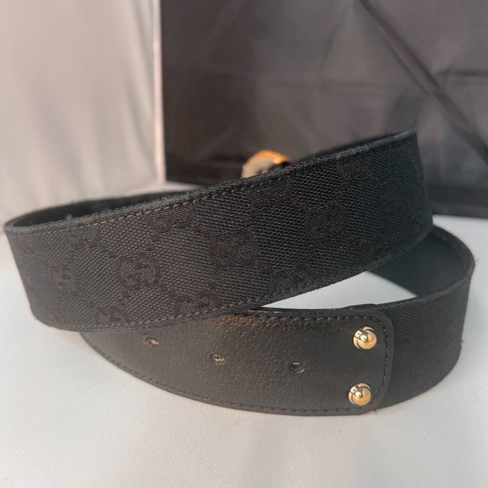 GUCCI Belt Canvas and Leather Bamboo G Buckle 37 inches black - Picture 3 of 7